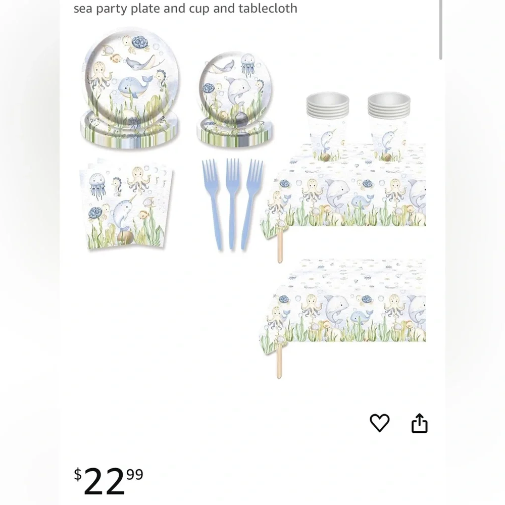 Sea Party Supplies Set with Plates, Cups, and Tablecloth